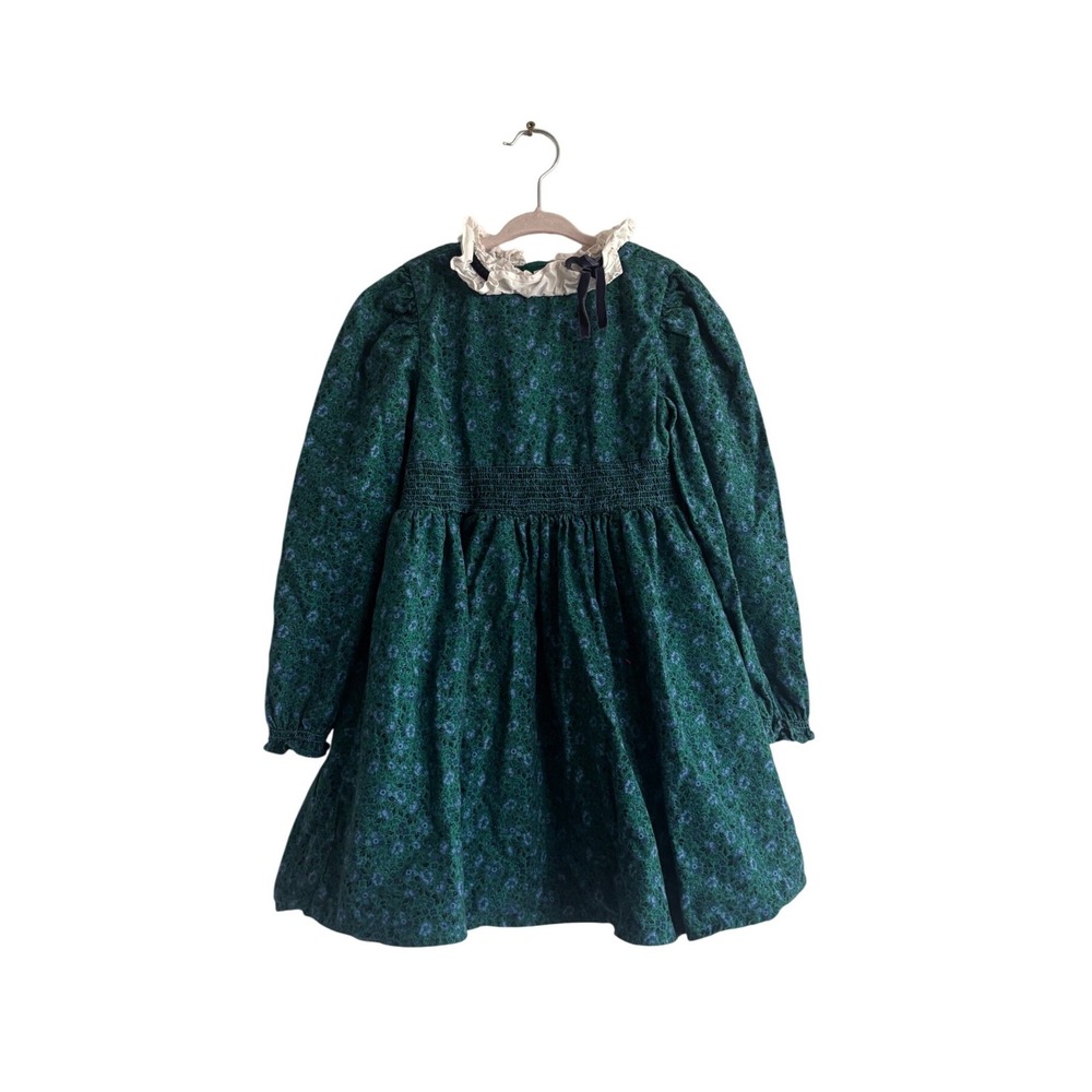 Janie and Jack Girls Green Floral Dress Ruffle Collar Velvet Bow Size 6 Holiday